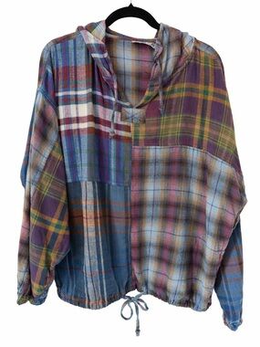 Bonjour Patchwork Plaid Hooded Pullover Boho Flannel Top Size M